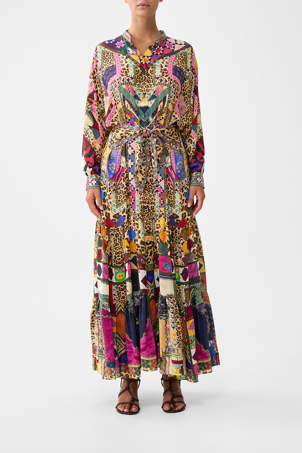 The CAMILLA TIERED SHIRTDRESS WITH WIDE WAIST TIE EMBROIDERED EVER AFTER in our EMBROIDERED EVER AFTER print.