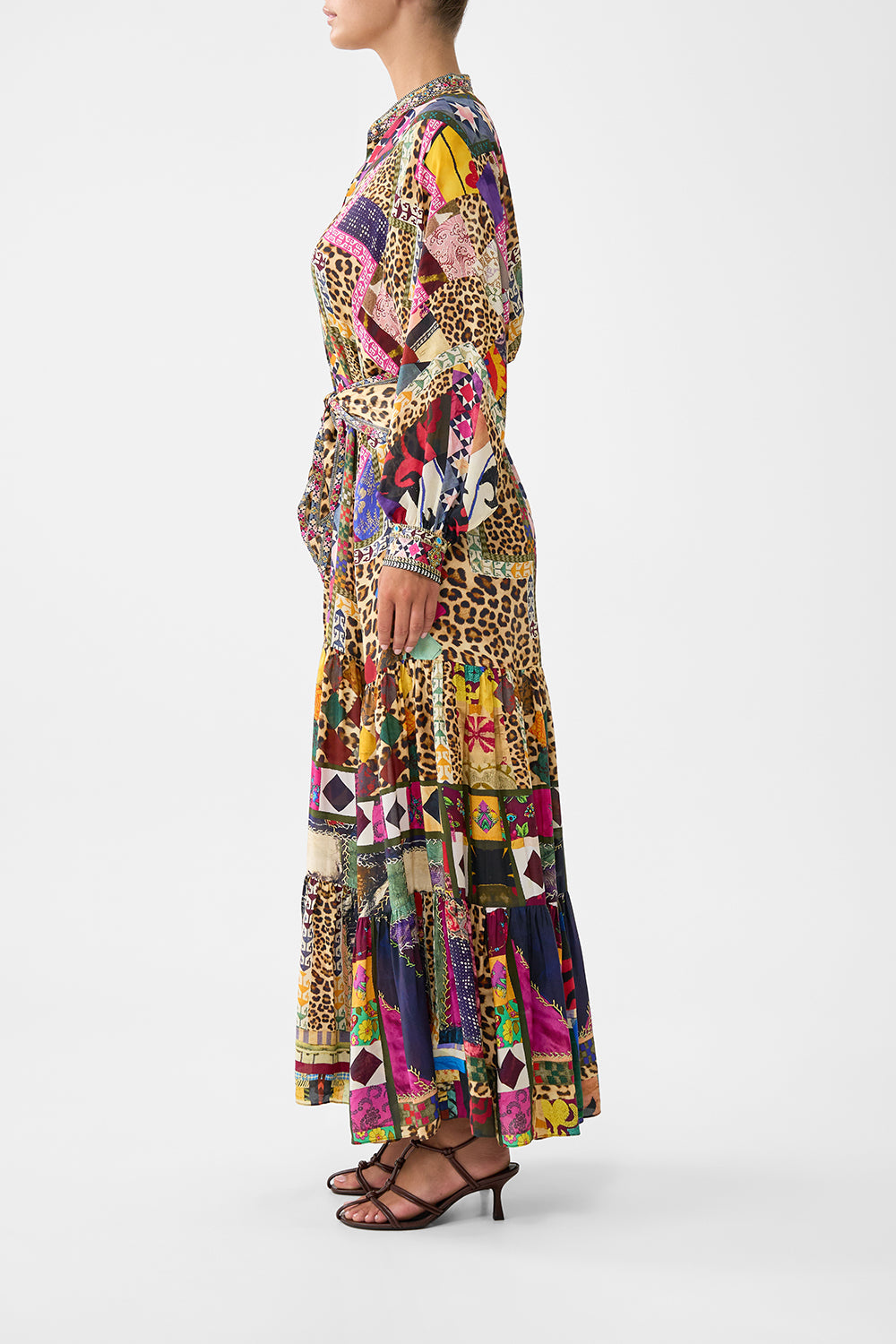 The CAMILLA TIERED SHIRTDRESS WITH WIDE WAIST TIE EMBROIDERED EVER AFTER in our  print.