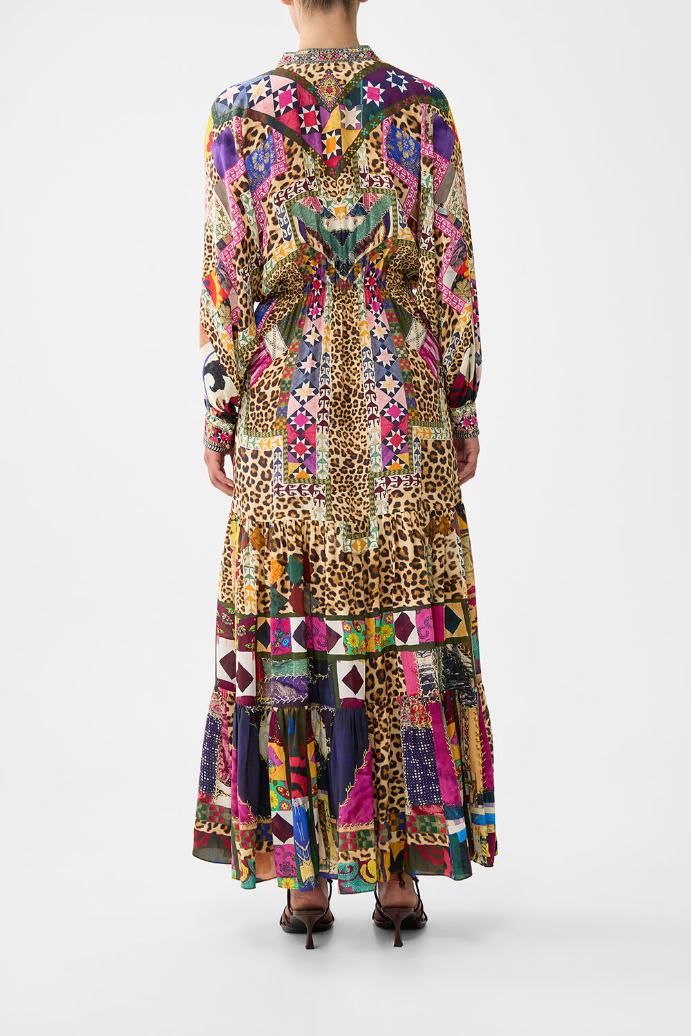 The CAMILLA TIERED SHIRTDRESS WITH WIDE WAIST TIE EMBROIDERED EVER AFTER in our  print.