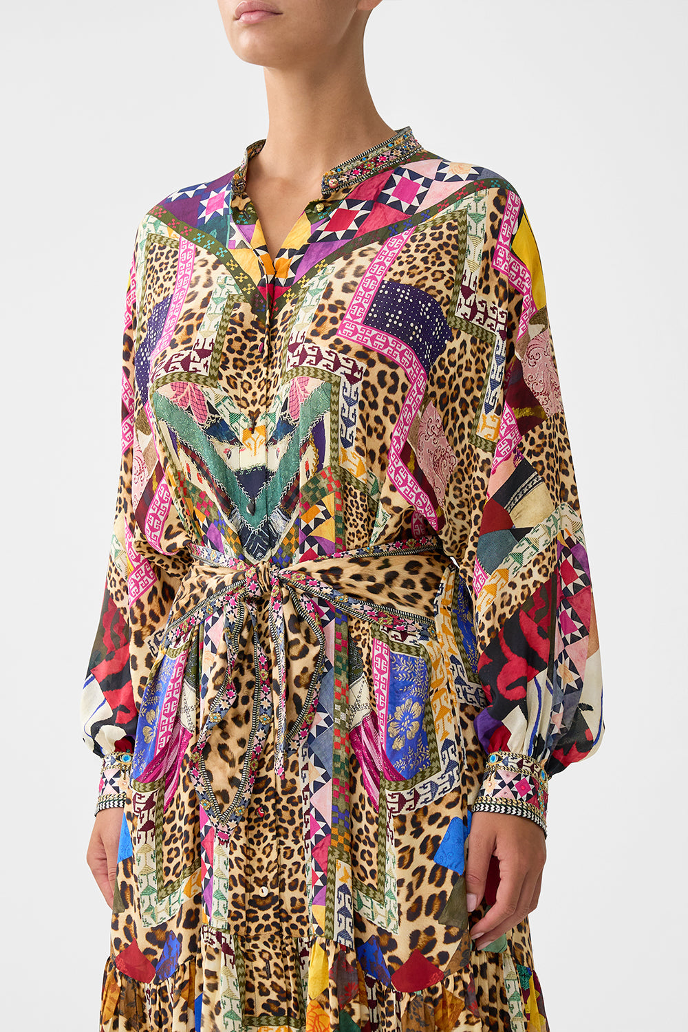 The CAMILLA TIERED SHIRTDRESS WITH WIDE WAIST TIE EMBROIDERED EVER AFTER in our  print.