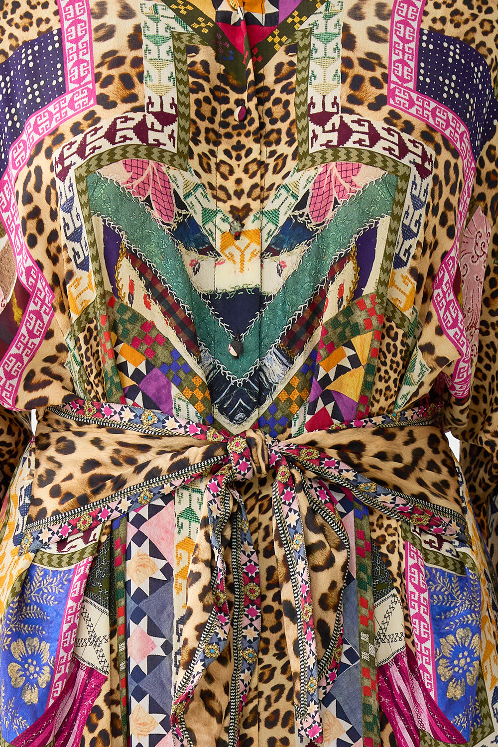 The CAMILLA TIERED SHIRTDRESS WITH WIDE WAIST TIE EMBROIDERED EVER AFTER in our  print.