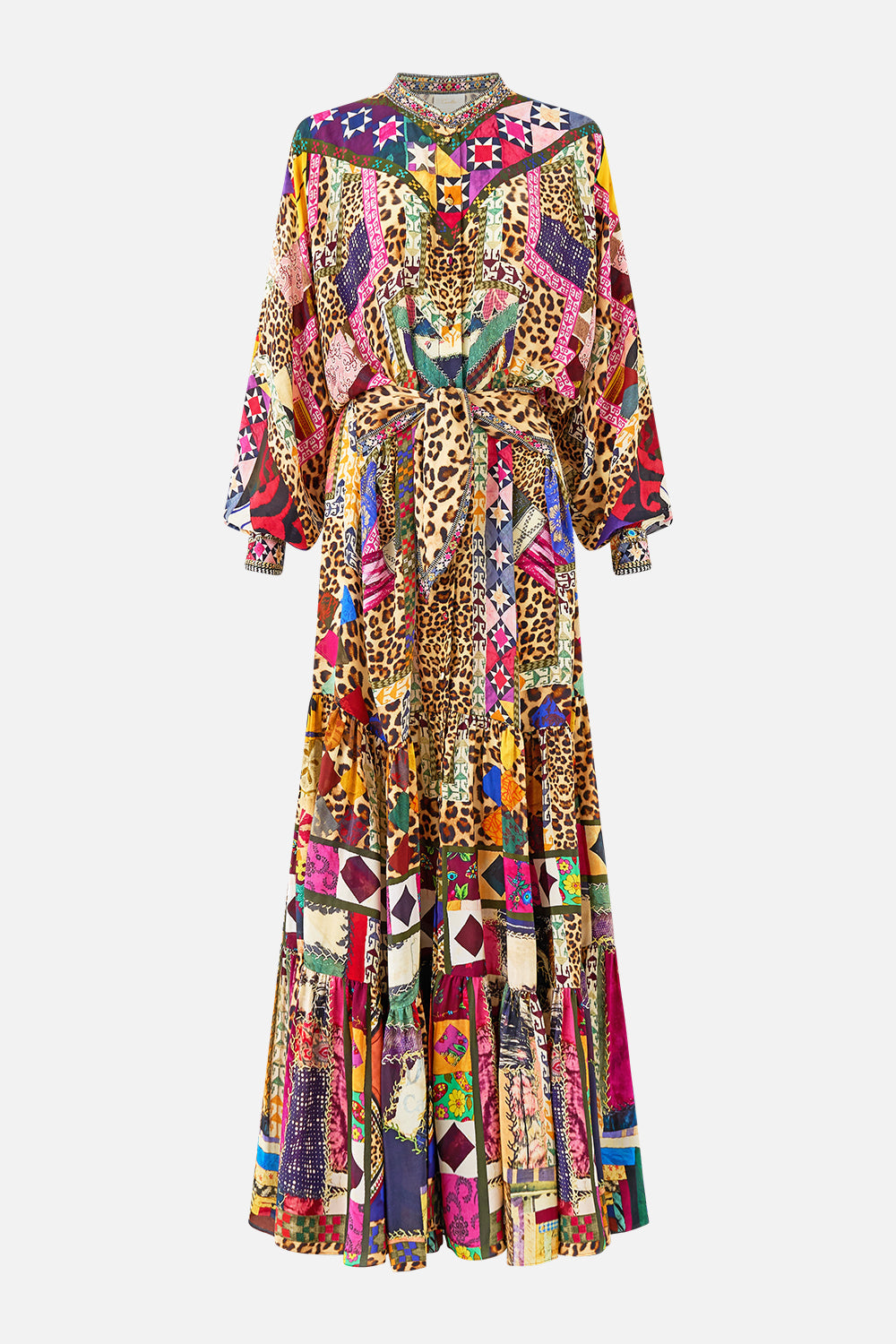 The CAMILLA TIERED SHIRTDRESS WITH WIDE WAIST TIE EMBROIDERED EVER AFTER in our  print.
