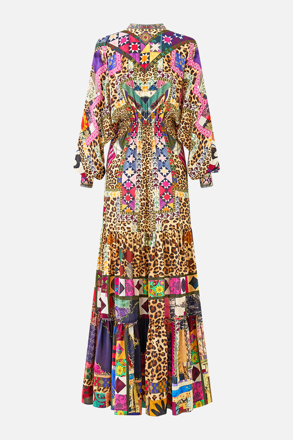 The CAMILLA TIERED SHIRTDRESS WITH WIDE WAIST TIE EMBROIDERED EVER AFTER in our  print.