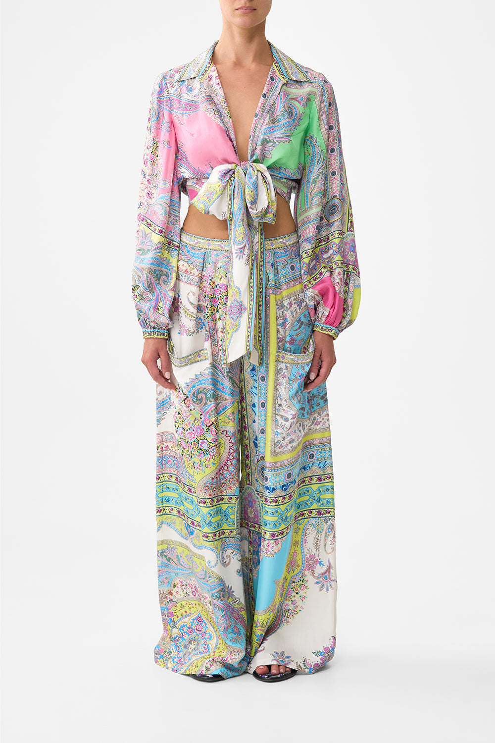 The CAMILLA CROPPED WRAP SHIRT MAGIC CARPET RIDE in our MAGIC CARPET RIDE print.