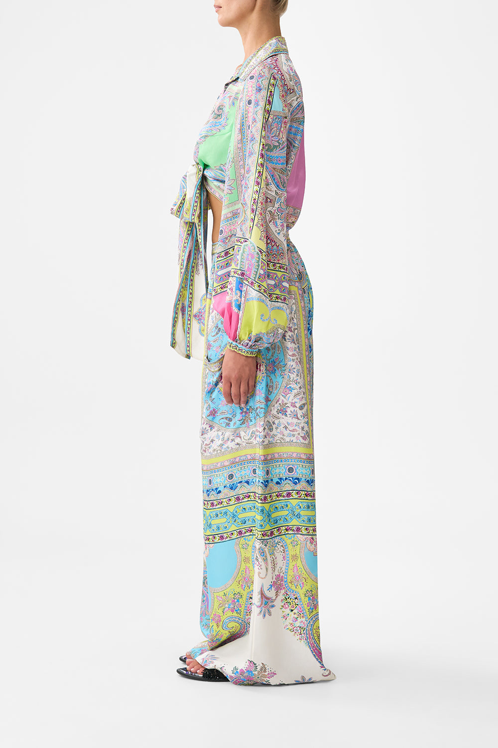 The CAMILLA CROPPED WRAP SHIRT MAGIC CARPET RIDE in our  print.