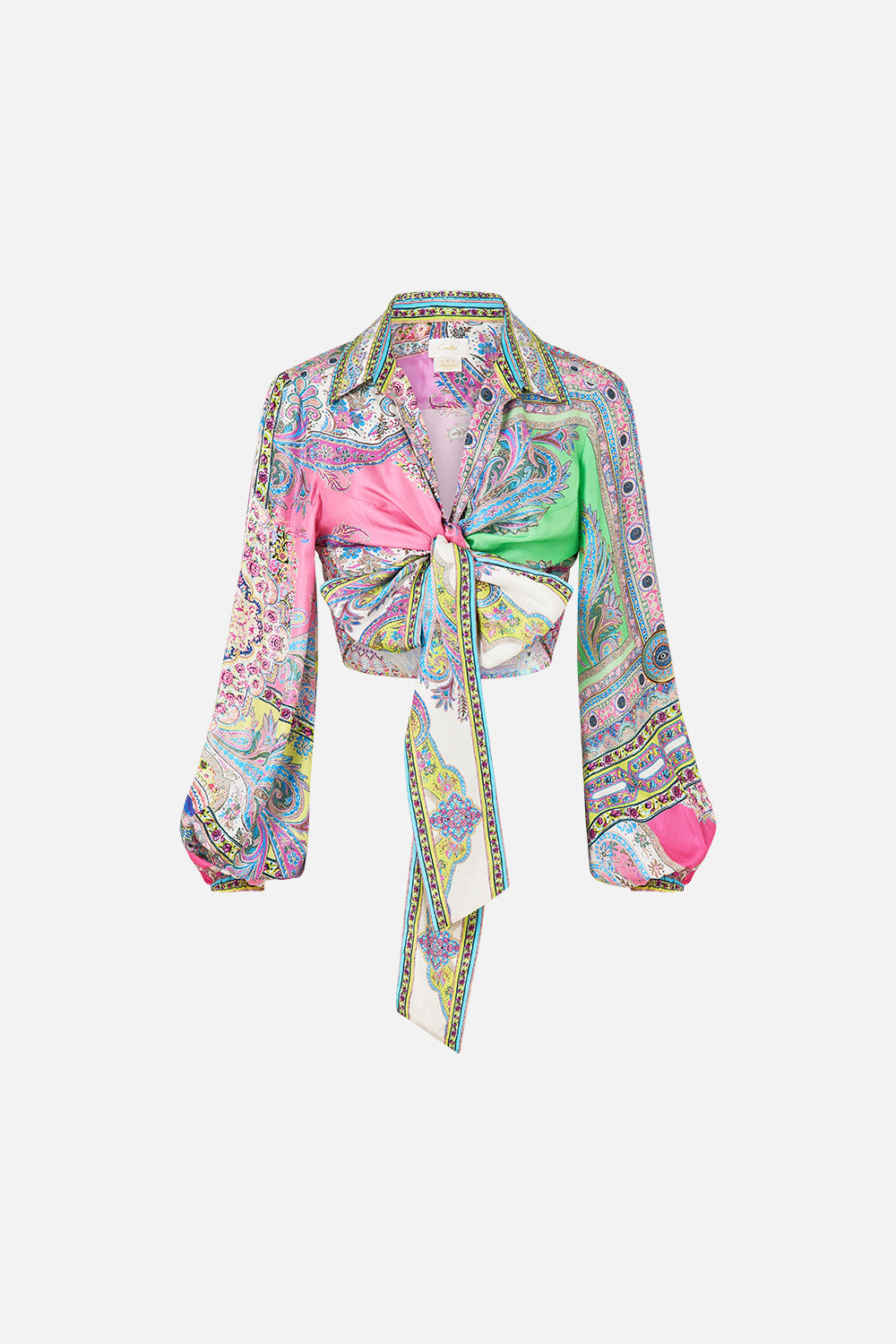 The CAMILLA cropped wrap shirt from our print magic carpet ride, front product view