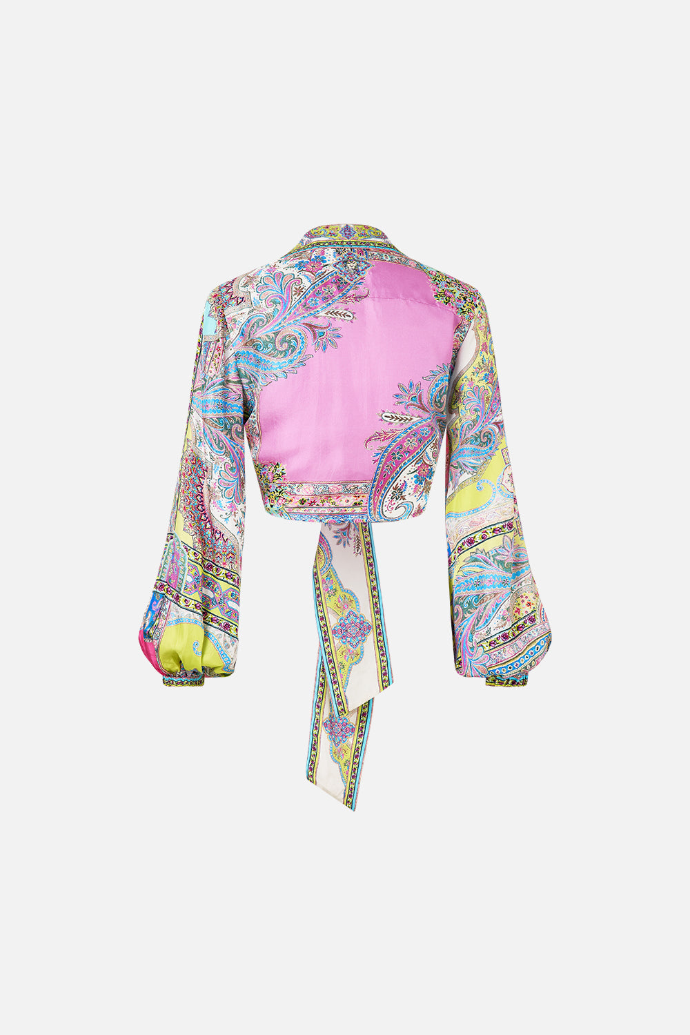 The CAMILLA CROPPED WRAP SHIRT MAGIC CARPET RIDE in our  print.