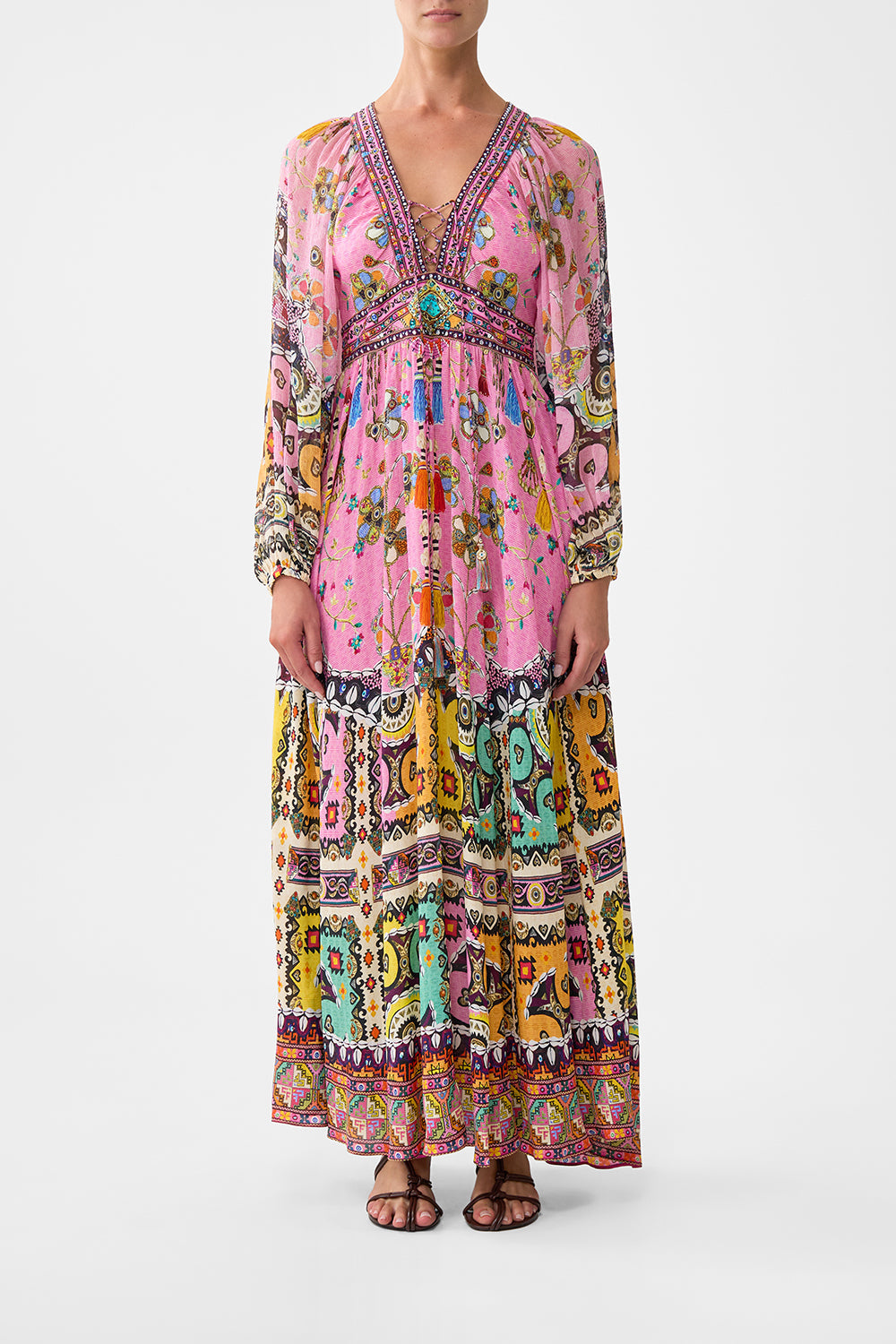 LACE UP FRONT LONG DRESS PATCHWORK PANORAMA