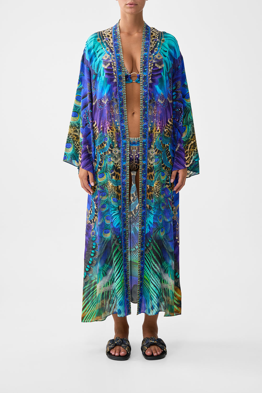 The CAMILLA FLARE SLEEVE LONG ROBE COSMIC ZOOLOGY in our COSMIC ZOOLOGY print.
