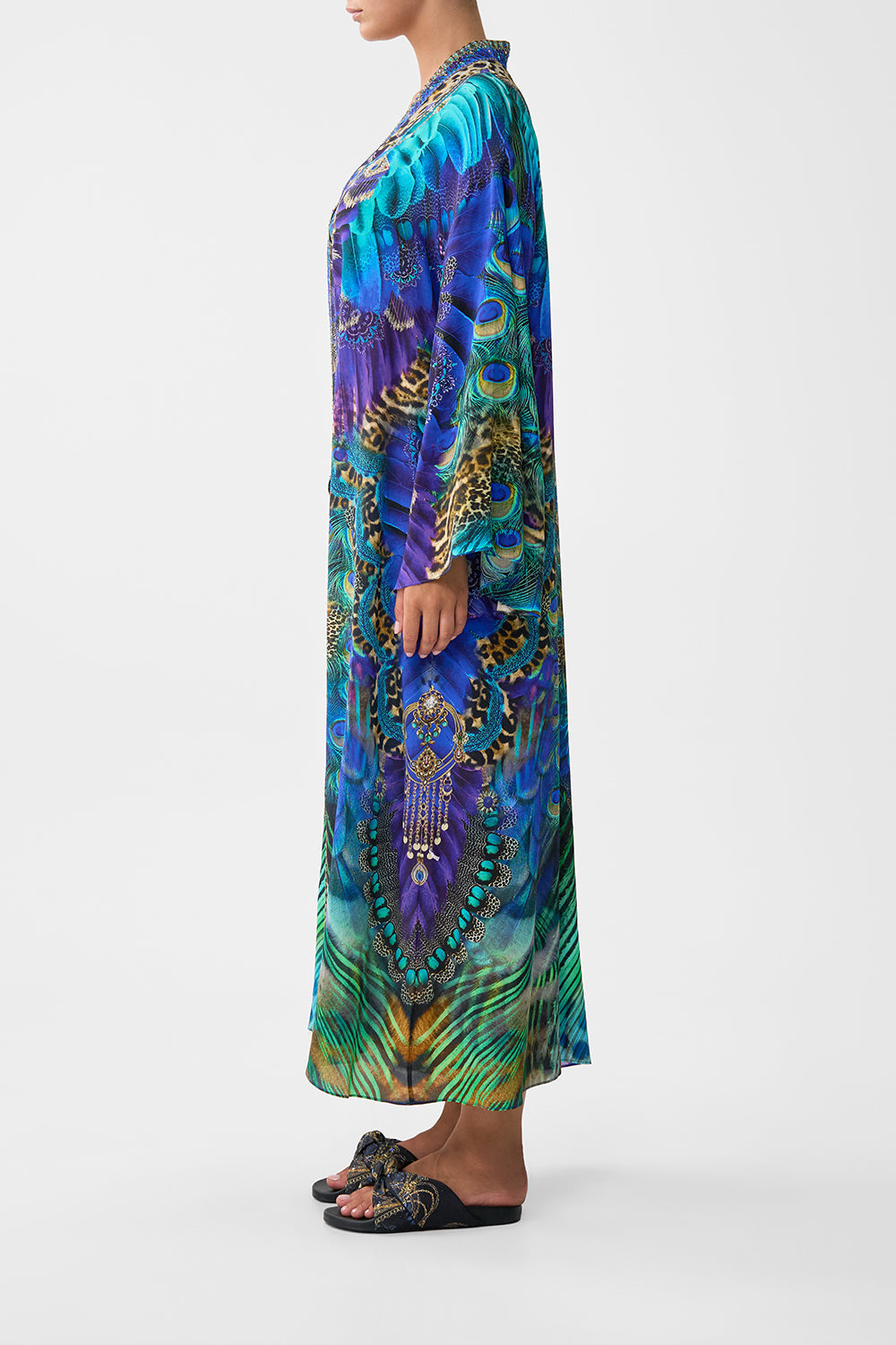 The CAMILLA FLARE SLEEVE LONG ROBE COSMIC ZOOLOGY in our  print.