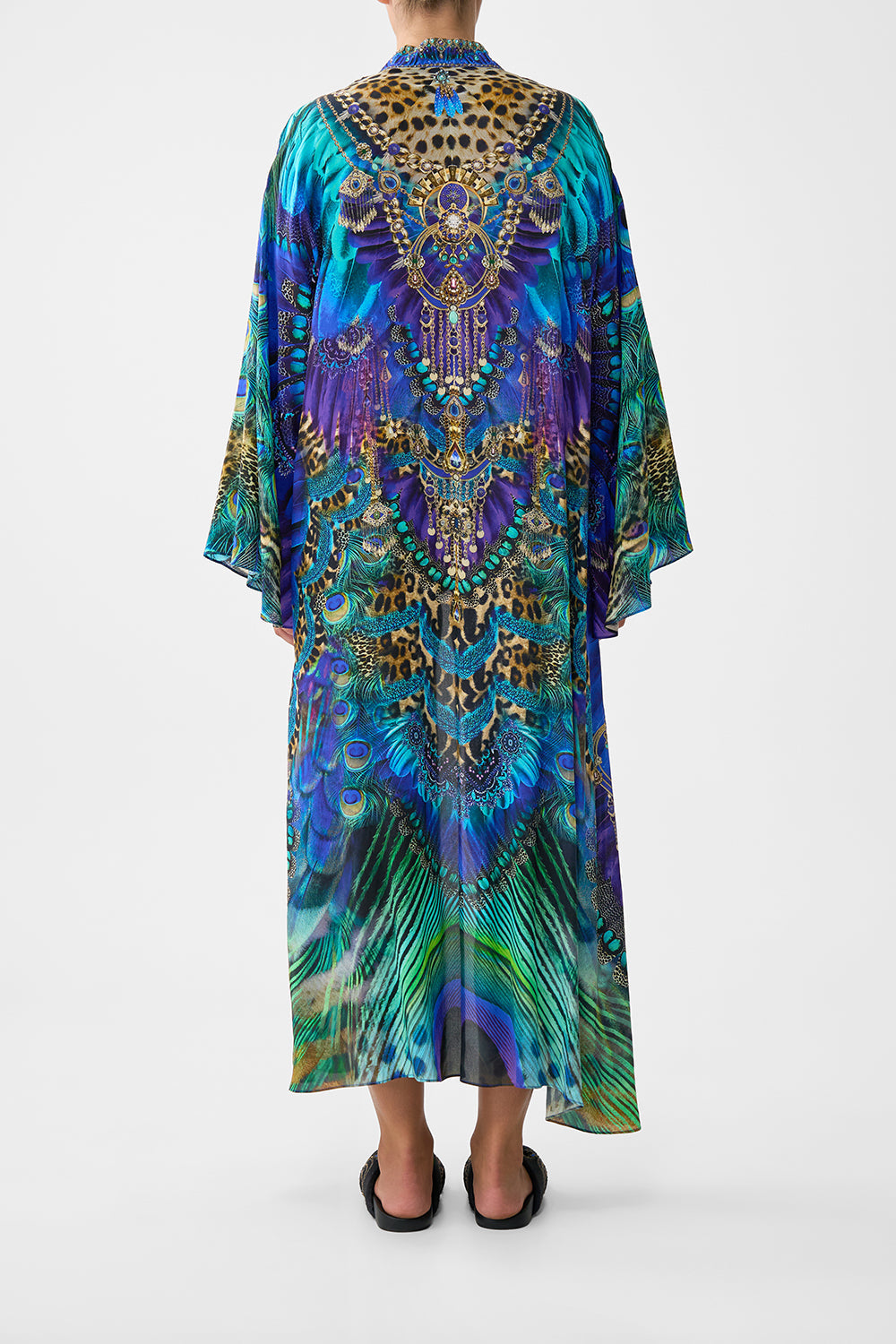 The CAMILLA FLARE SLEEVE LONG ROBE COSMIC ZOOLOGY in our  print.