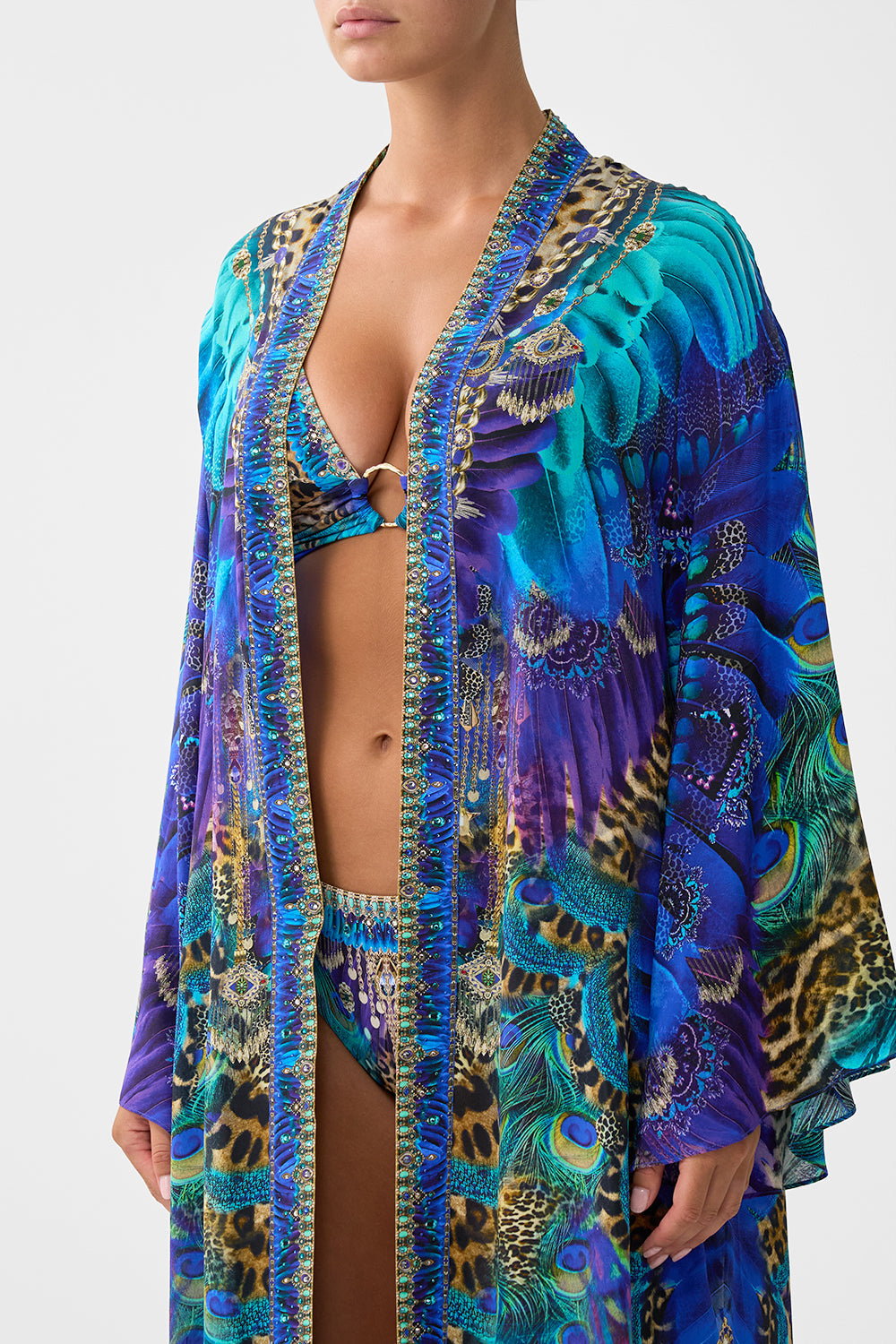 The CAMILLA FLARE SLEEVE LONG ROBE COSMIC ZOOLOGY in our  print.