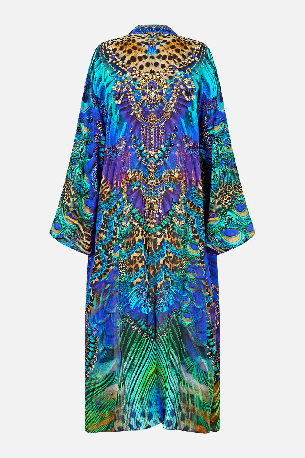 The CAMILLA FLARE SLEEVE LONG ROBE COSMIC ZOOLOGY in our  print.