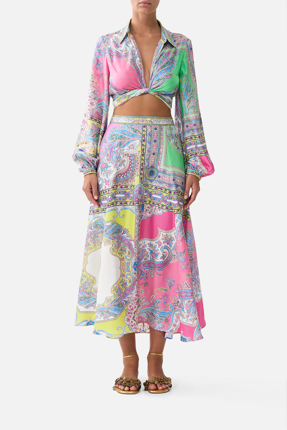 The CAMILLA PANELLED FLARED LONG SKIRT MAGIC CARPET RIDE in our MAGIC CARPET RIDE print.