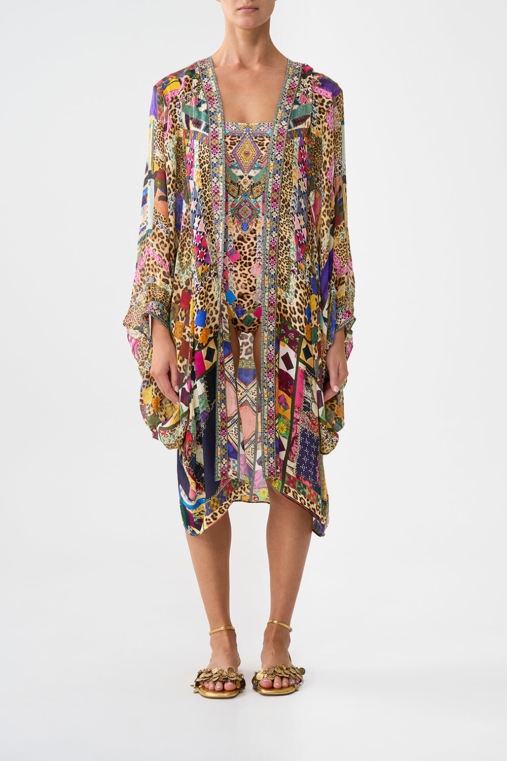 The CAMILLA DRAMATIC SLEEVE COCOON LAYER EMBROIDERED EVER AFTER in our EMBROIDERED EVER AFTER print.