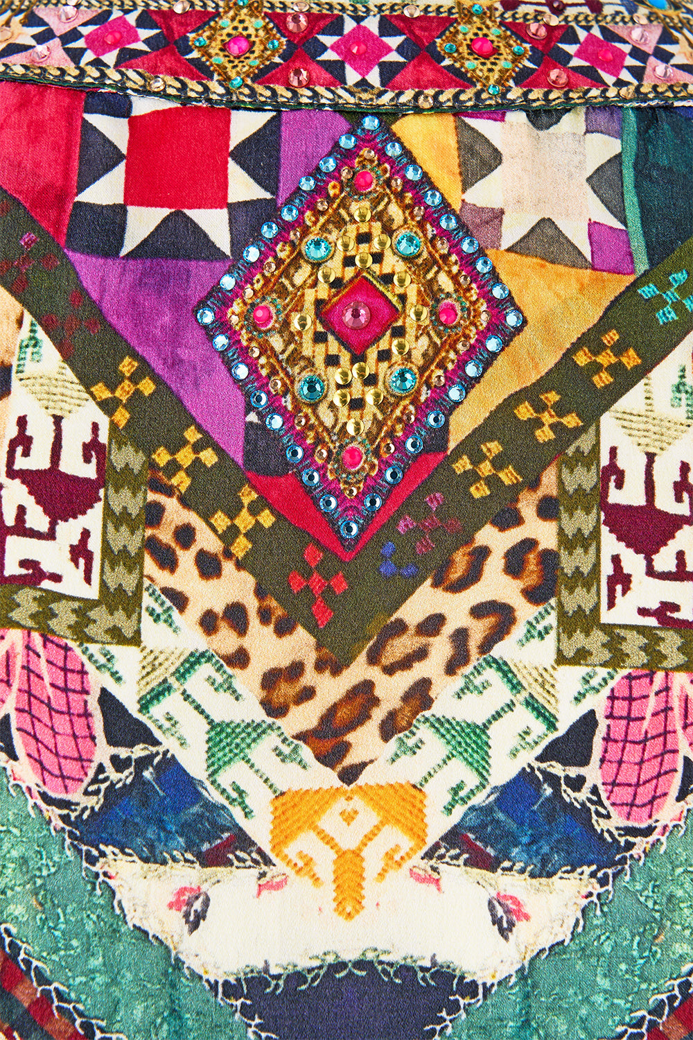 The CAMILLA DRAMATIC SLEEVE COCOON LAYER EMBROIDERED EVER AFTER in our  print.