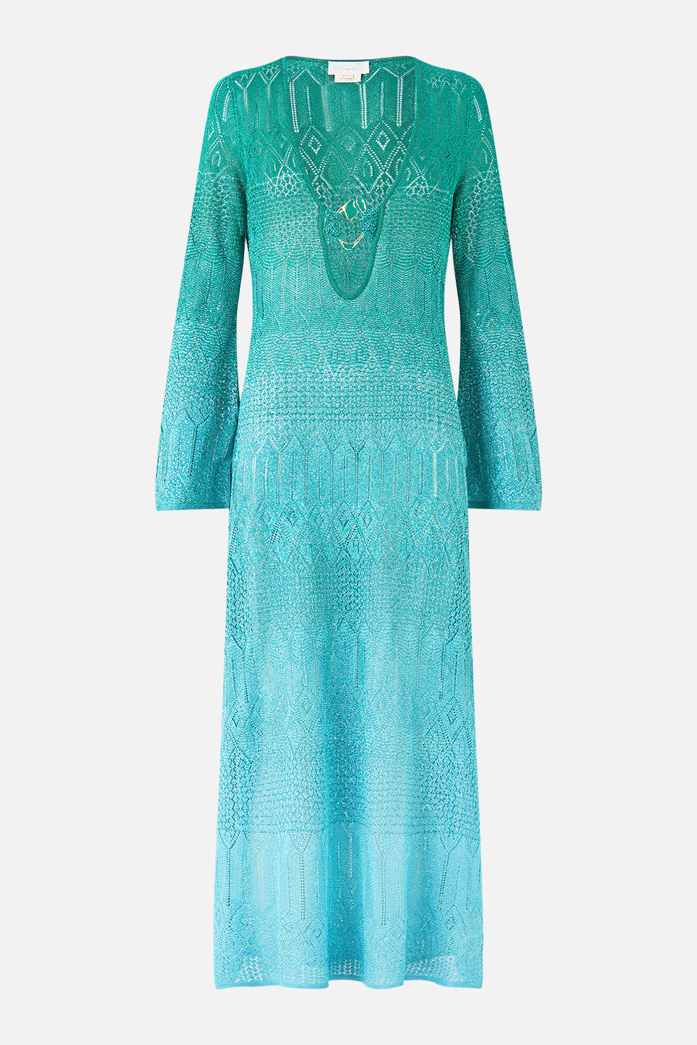 The CAMILLA hardware detail plunge knit dress from our print the concubines corridor, front product view