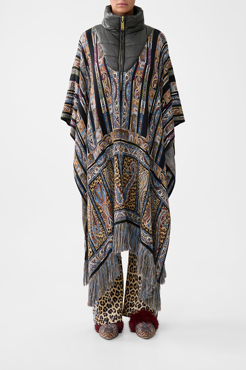 The CAMILLA QUILTED COLLAR KNIT PONCHO ISTANBUL ANIMALIA in our ISTANBUL ANIMALIA print.