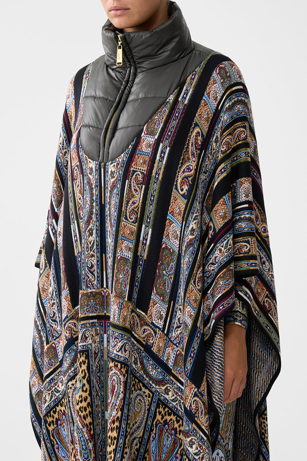 The CAMILLA QUILTED COLLAR KNIT PONCHO ISTANBUL ANIMALIA in our  print.