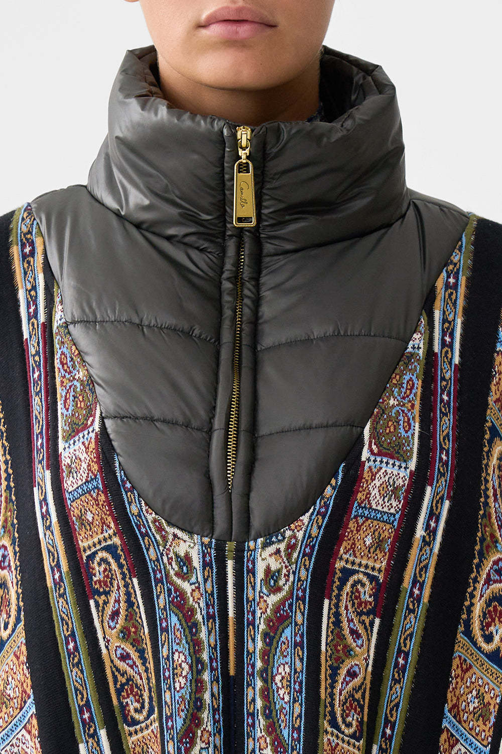 The CAMILLA QUILTED COLLAR KNIT PONCHO ISTANBUL ANIMALIA in our  print.