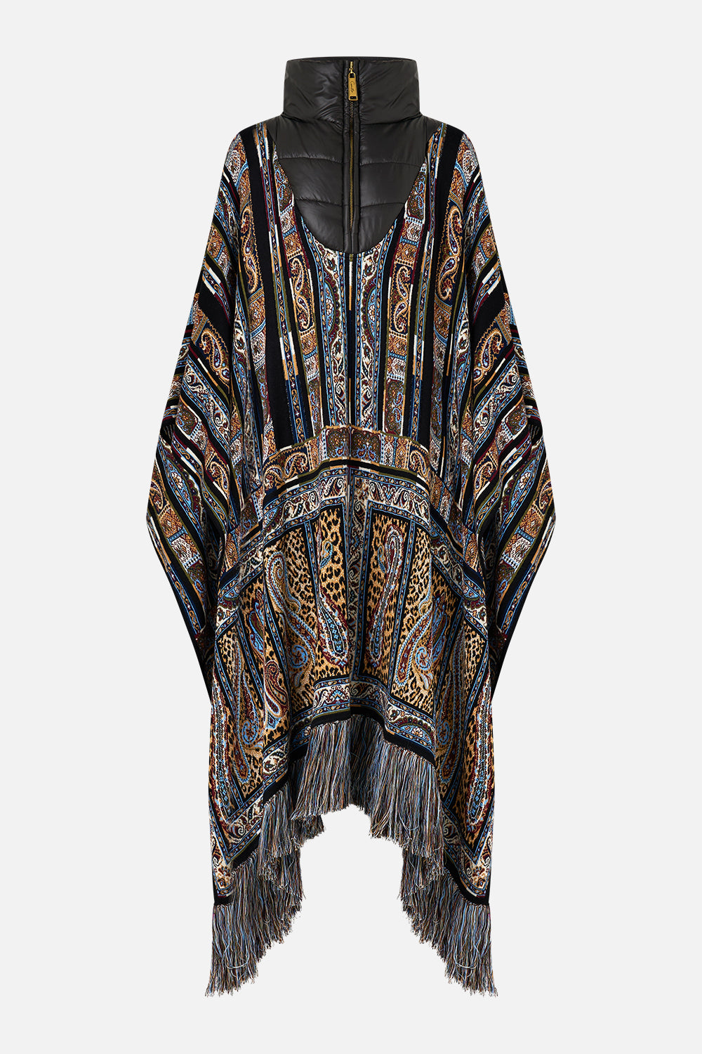 The CAMILLA QUILTED COLLAR KNIT PONCHO ISTANBUL ANIMALIA in our  print.