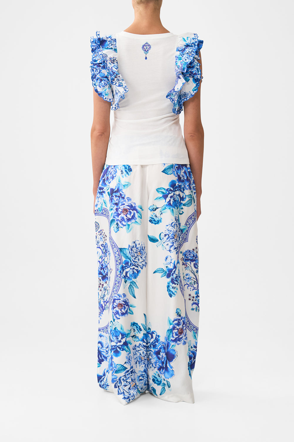 The CAMILLA DOUBLE FRILL SLEEVE TEE A CERAMIC GARDEN in our  print.