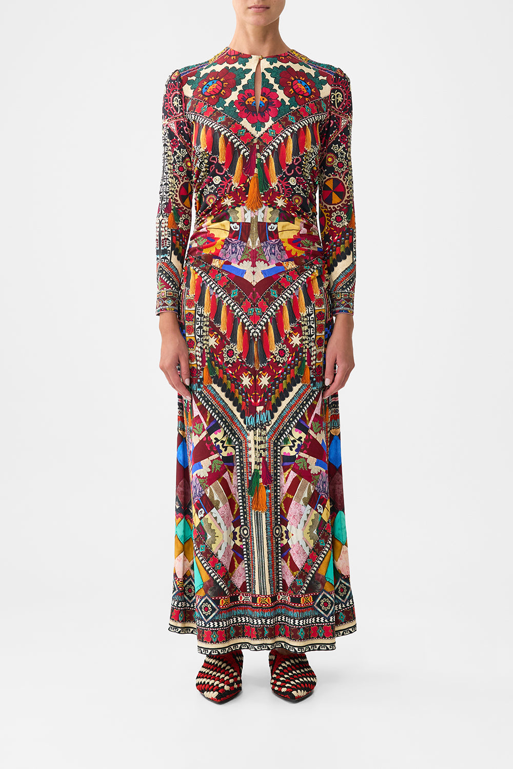The CAMILLA GATHERED JERSEY LONG DRESS PATCHWORK ALCHEMY in our PATCHWORK ALCHEMY print.