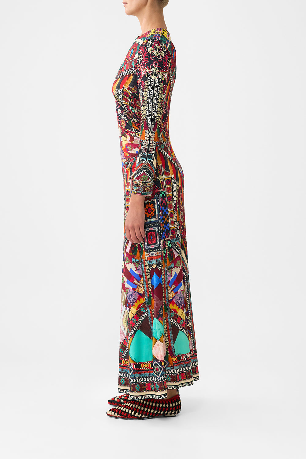 The CAMILLA GATHERED JERSEY LONG DRESS PATCHWORK ALCHEMY in our  print.