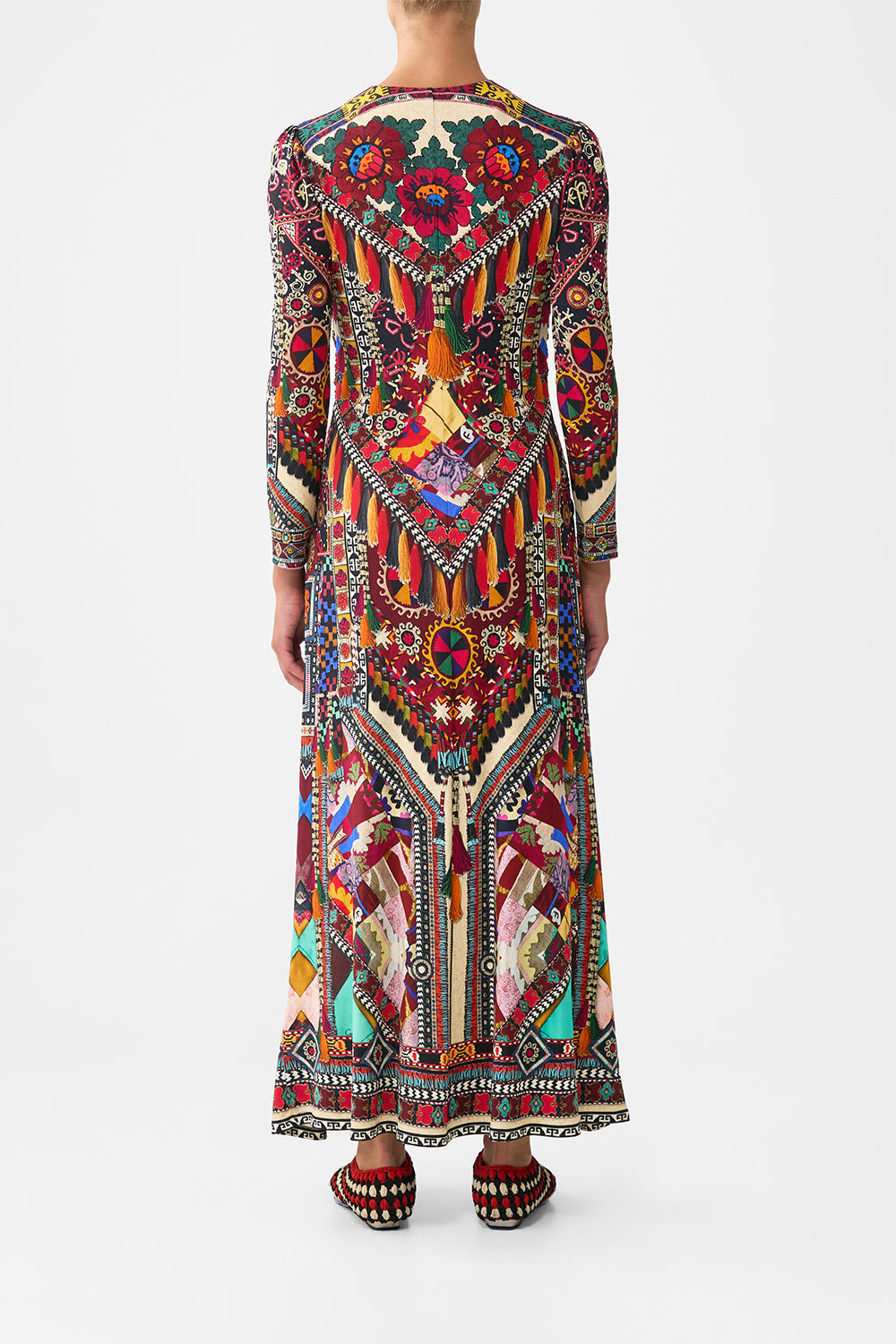 The CAMILLA GATHERED JERSEY LONG DRESS PATCHWORK ALCHEMY in our  print.