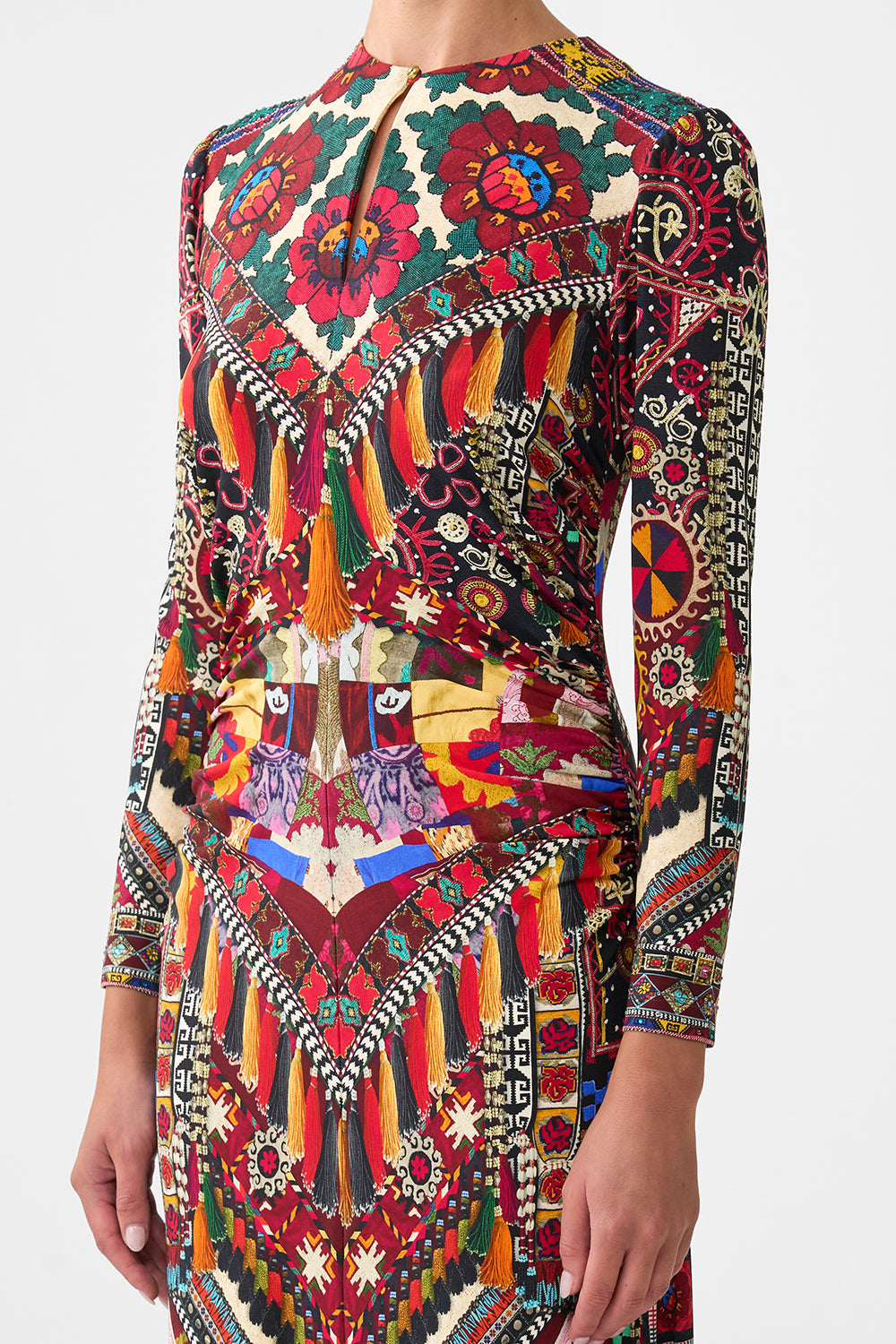 The CAMILLA GATHERED JERSEY LONG DRESS PATCHWORK ALCHEMY in our  print.
