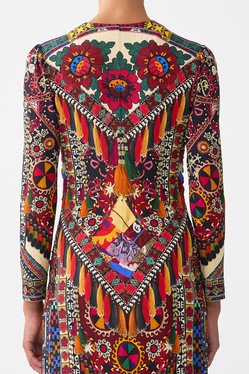 The CAMILLA GATHERED JERSEY LONG DRESS PATCHWORK ALCHEMY in our  print.