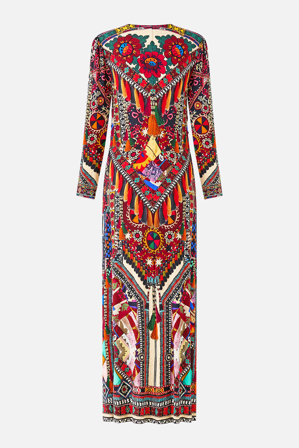 The CAMILLA GATHERED JERSEY LONG DRESS PATCHWORK ALCHEMY in our  print.