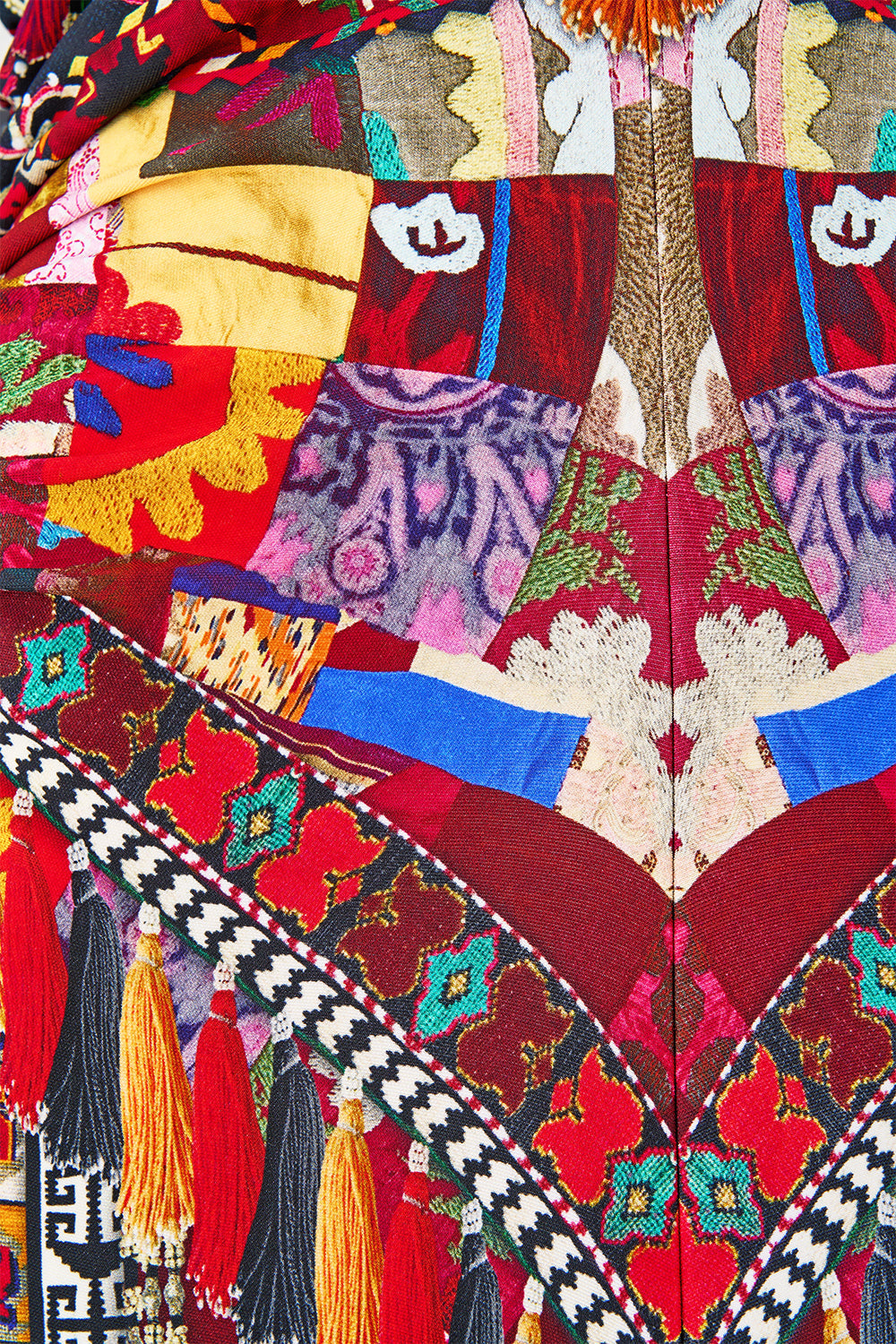 The CAMILLA GATHERED JERSEY LONG DRESS PATCHWORK ALCHEMY in our  print.