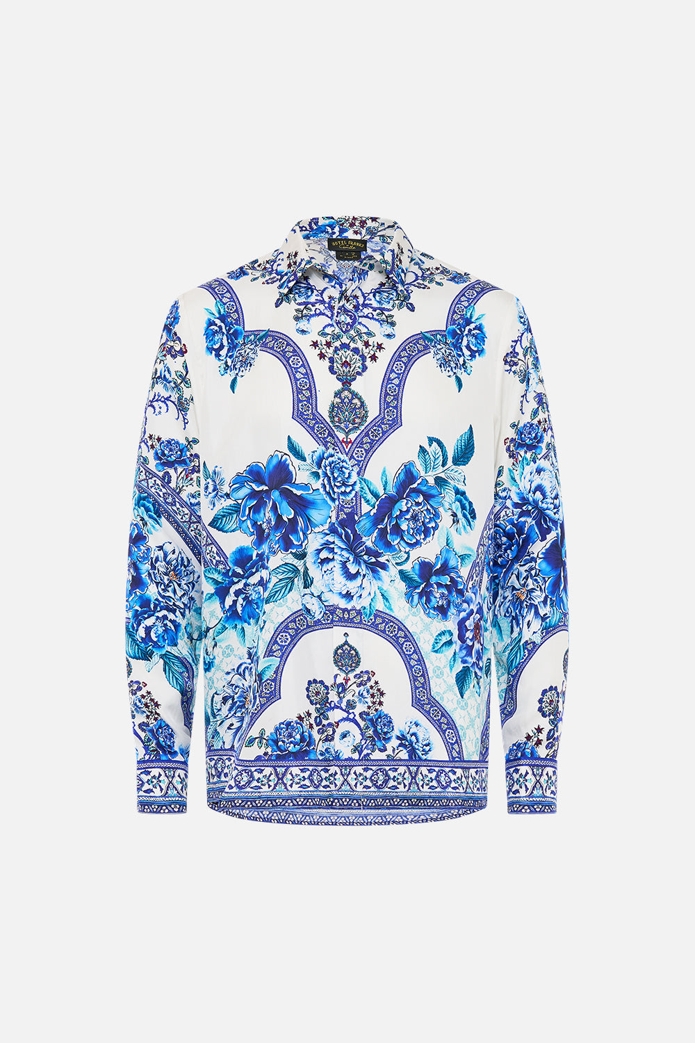 The CAMILLA LONG SLEEVE HIDDEN PLACKET SHIRT A CERAMIC GARDEN in our  print.