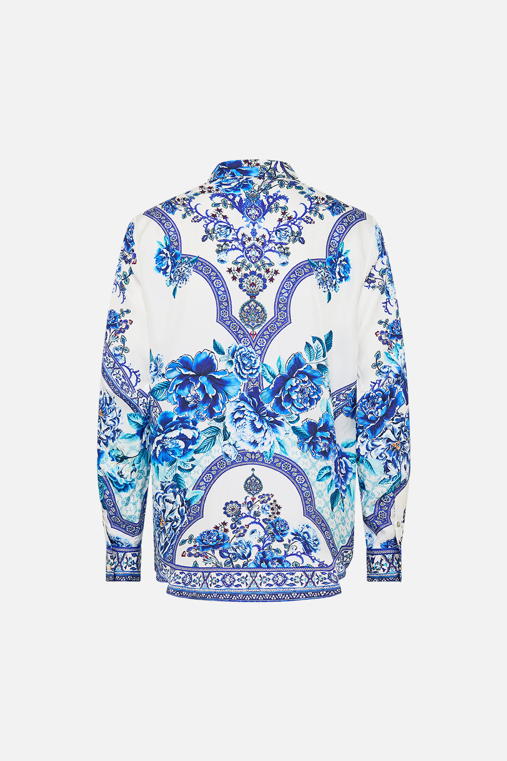 The CAMILLA LONG SLEEVE HIDDEN PLACKET SHIRT A CERAMIC GARDEN in our  print.