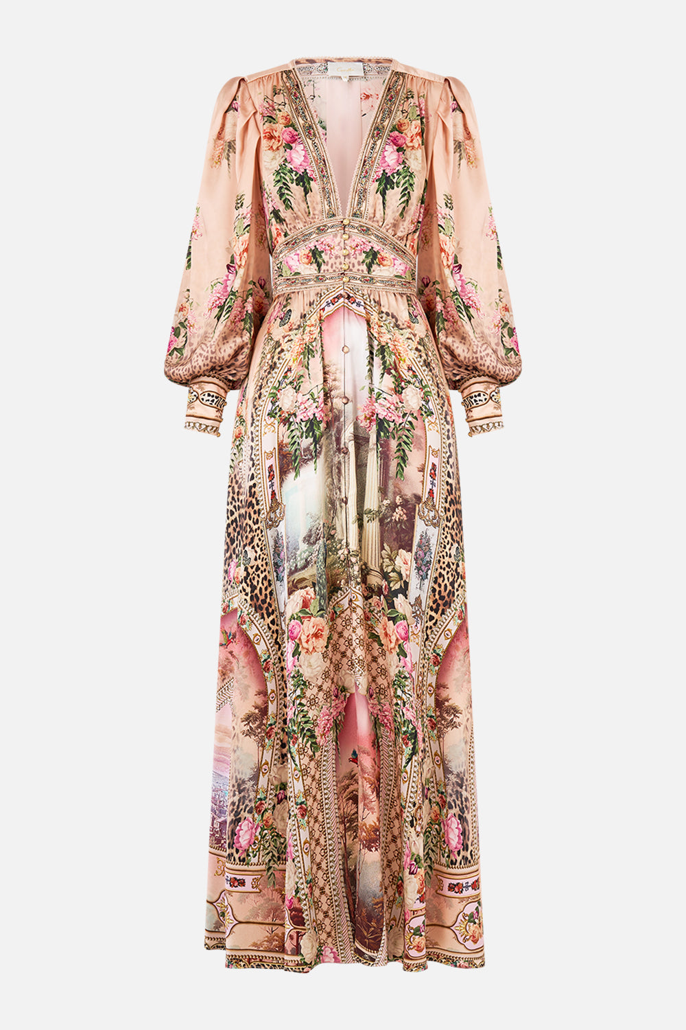 SHAPED WAISTBAND DRESS WITH GATHERED SLEEVES WATERCOLOUR WONDERLAND
