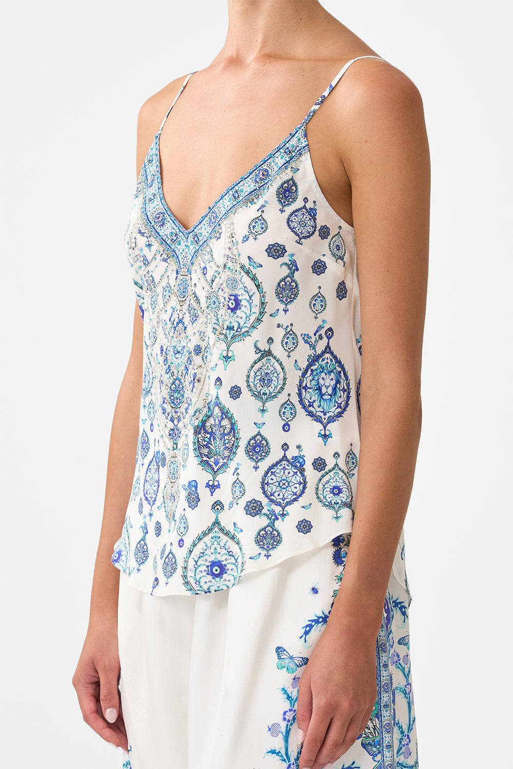 The CAMILLA V-NECK BIAS CAMI ISNIK LULLABY in our  print.