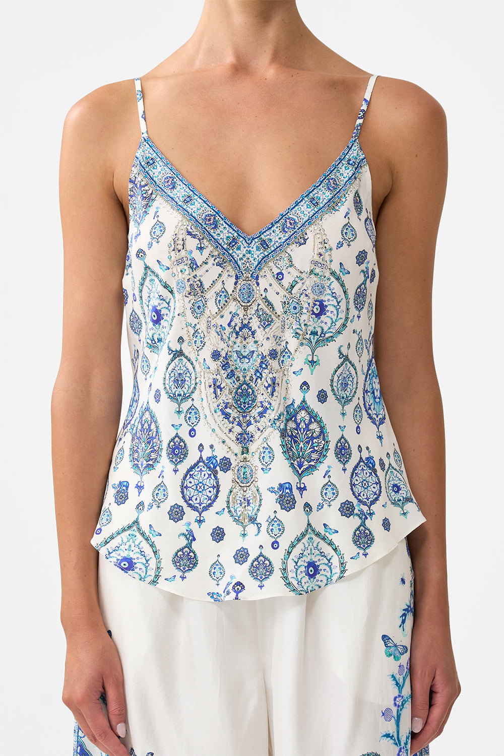 The CAMILLA V-NECK BIAS CAMI ISNIK LULLABY in our  print.