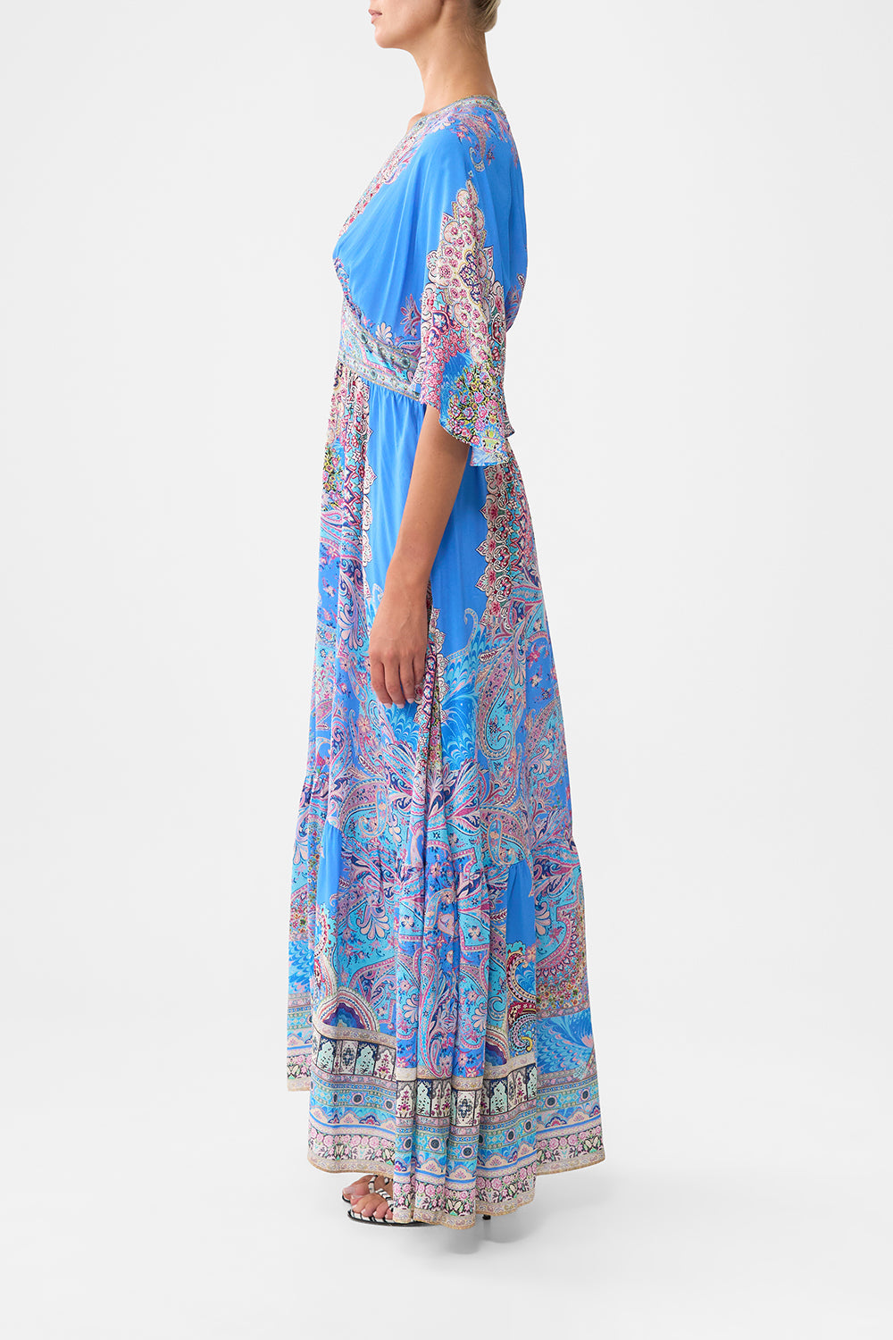 The CAMILLA waisted dress with hem ruffle from our print footsteps in folklore