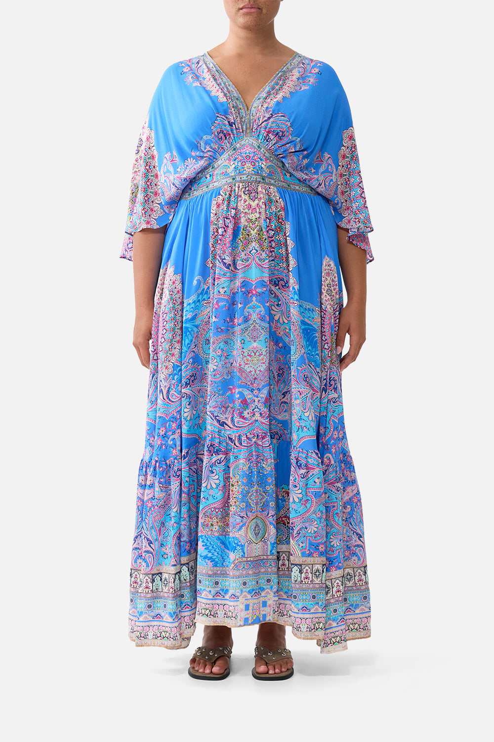 The CAMILLA waisted dress with hem ruffle from our print footsteps in folklore, front model view