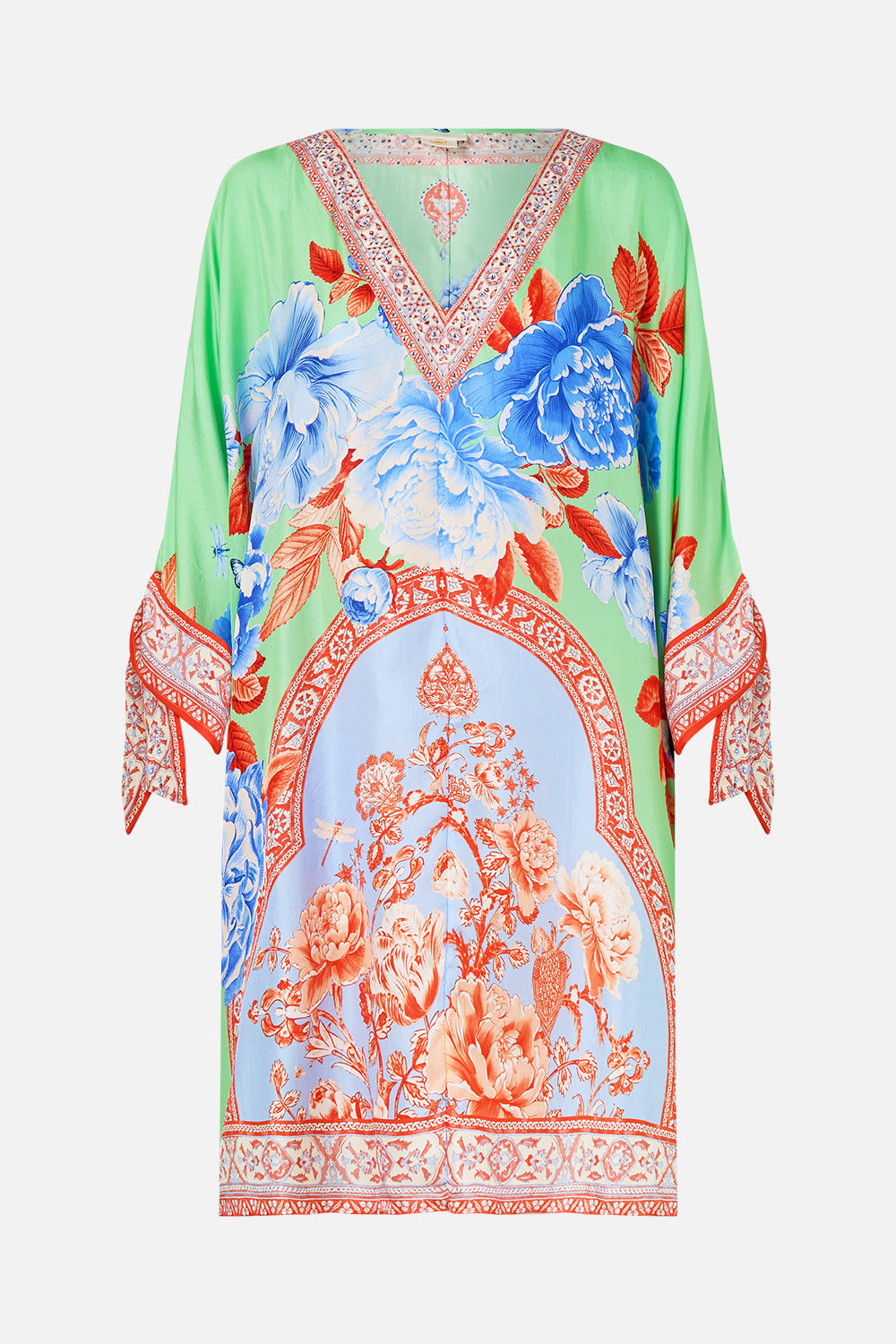 The CAMILLA tie sleeve short v neck kaftan from our print Topkapi pop, front product view