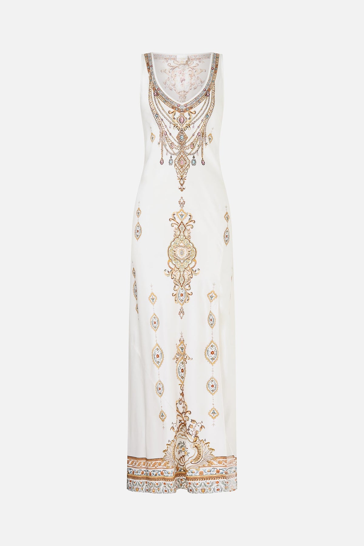 The CAMILLA bias cut tank dress from our print Ottoman dynasty, front product view