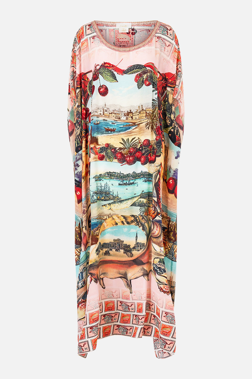 The CAMILLA round neck kaftan from our print notes from the road, front product view