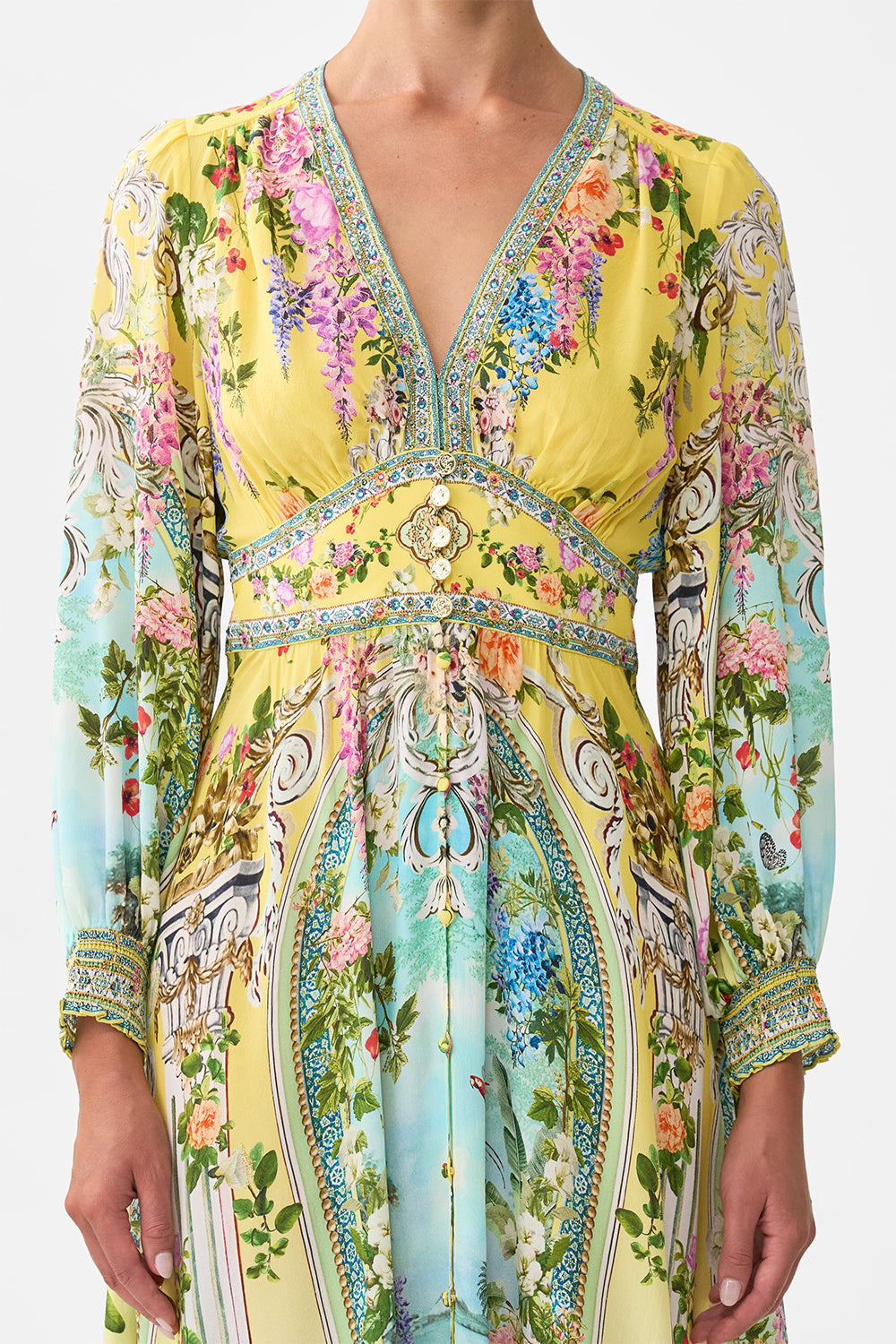The CAMILLA BUTTON DRESS WITH SHAPED WAISTBAND TALES OF TOPKAPI PALACE in our  print.