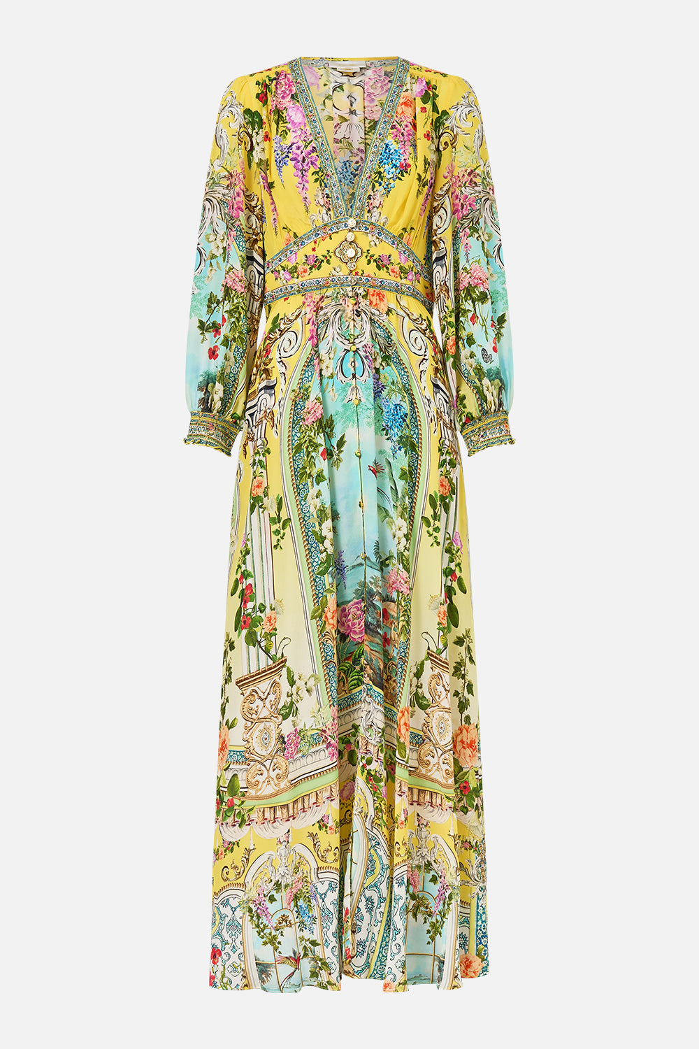 The CAMILLA BUTTON DRESS WITH SHAPED WAISTBAND TALES OF TOPKAPI PALACE in our  print.