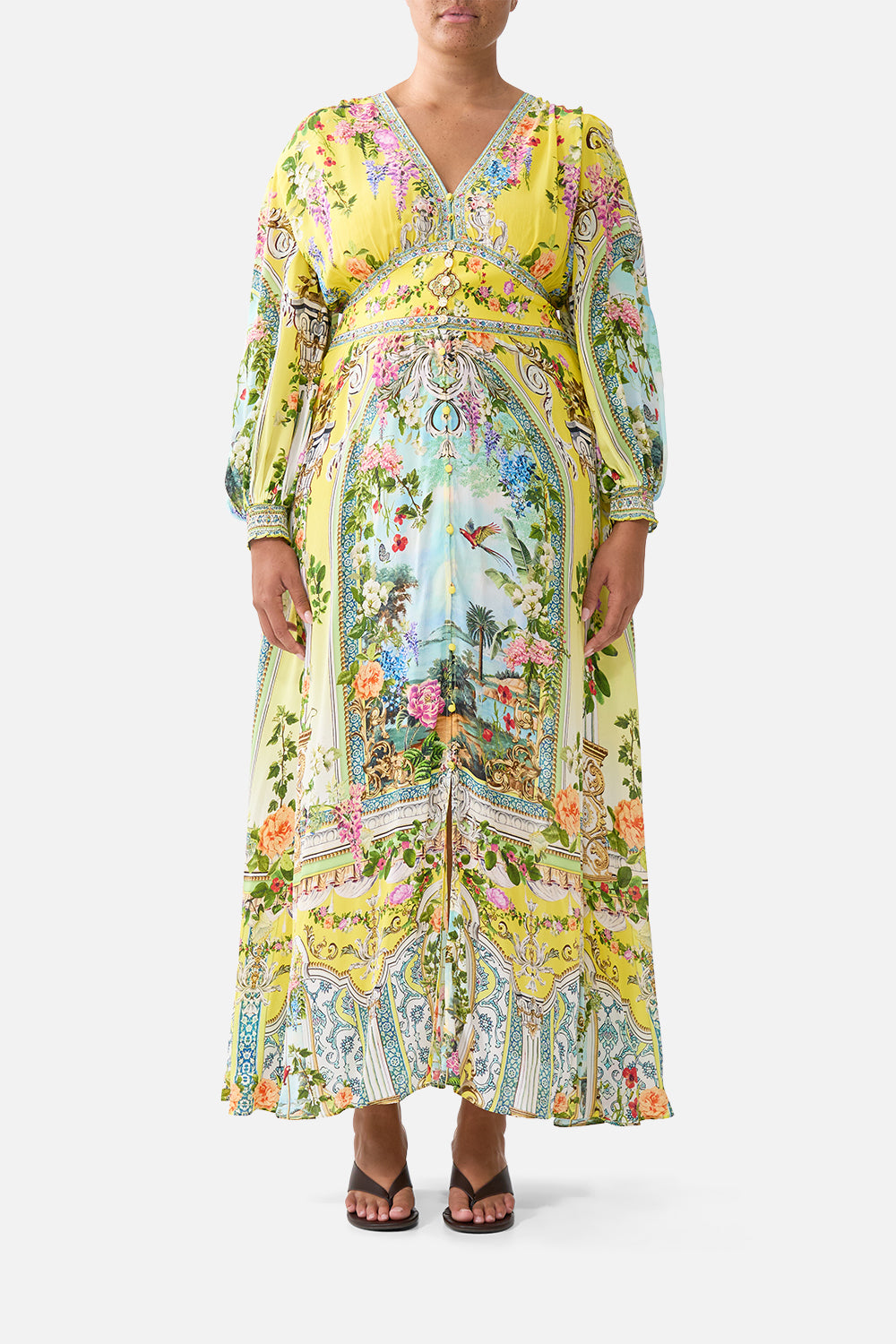 The CAMILLA BUTTON DRESS WITH SHAPED WAISTBAND TALES OF TOPKAPI PALACE in our  print.