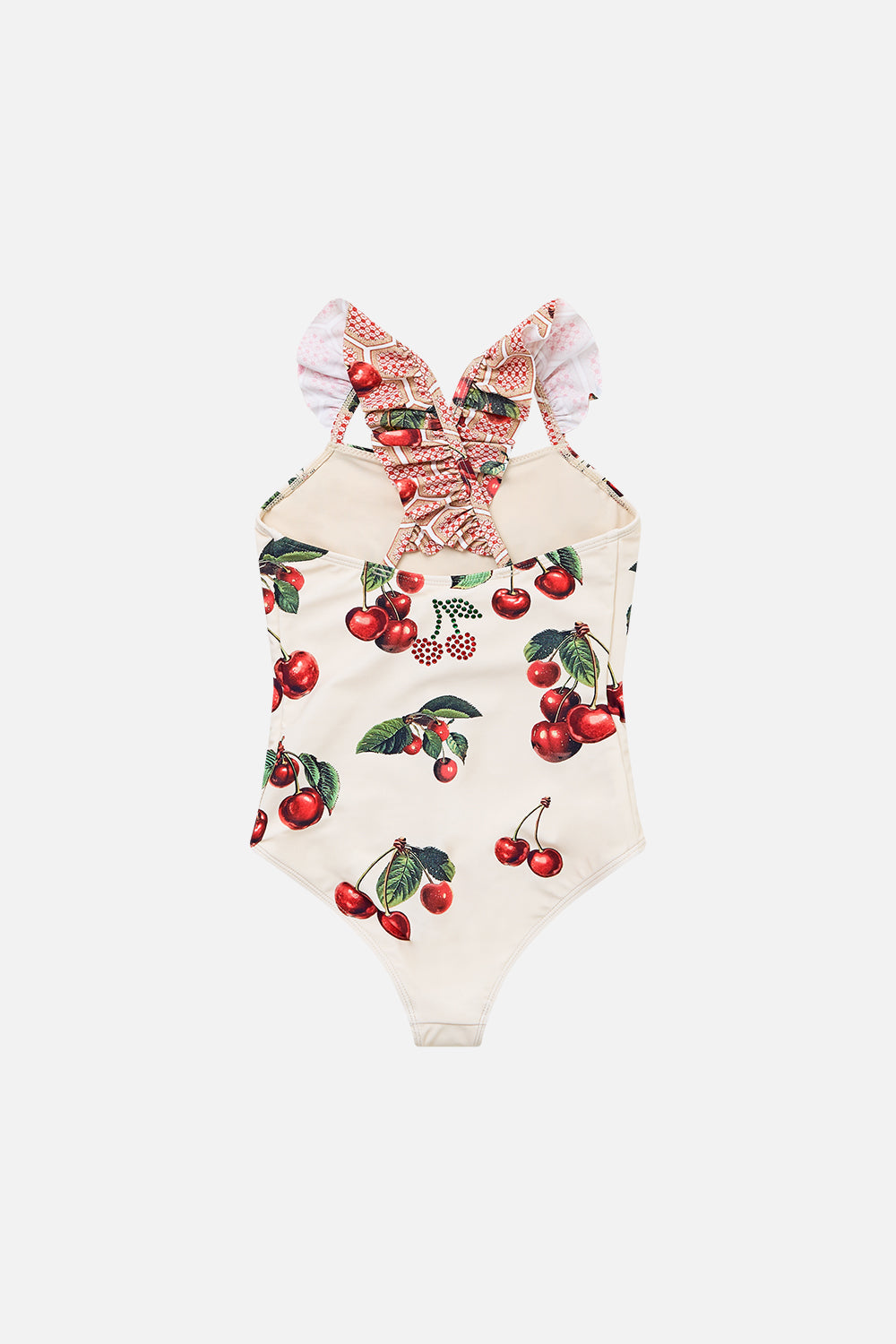 The CAMILLA kids straight neck one piece with frill straps from our print notes from the road, back product view