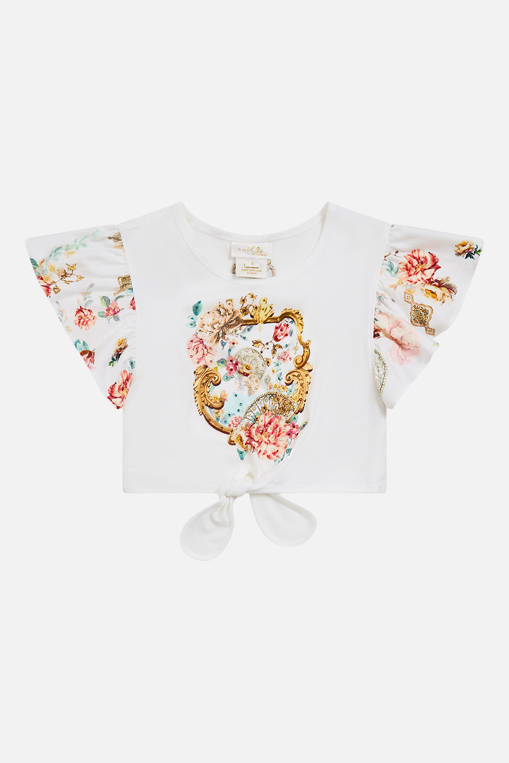 The CAMILLA kids tie front crop tee with frill sleeve from our print Ottoman dynasty, front product view