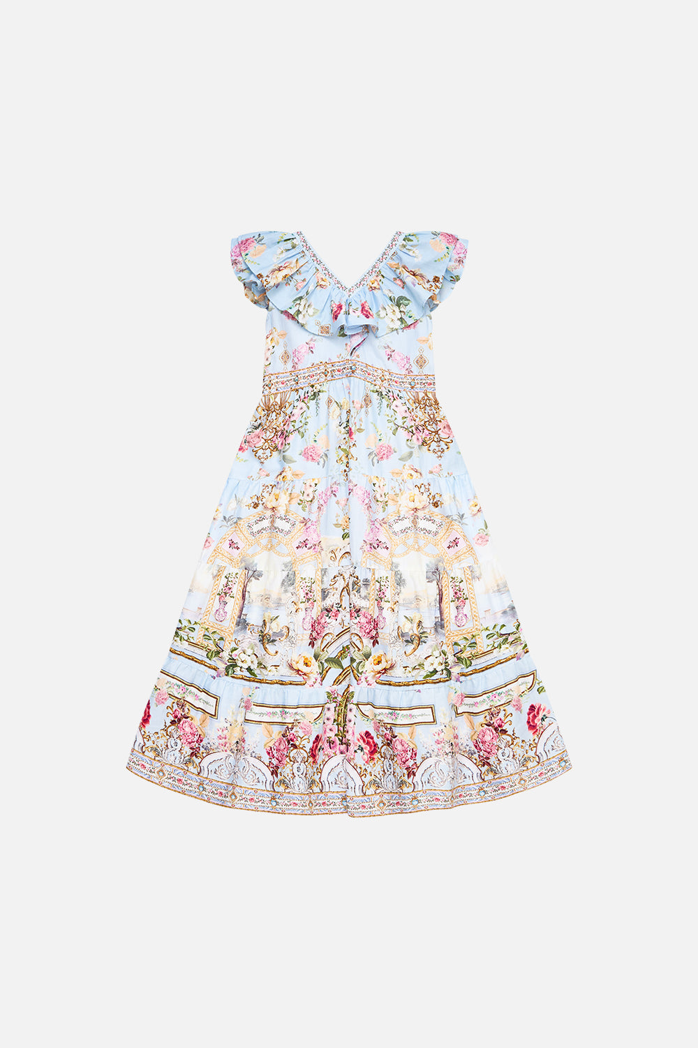 The CAMILLA KIDS TIERED MAXI DRESS WITH FRILL NECK TILED IN TIME in our TILED IN TIME print.