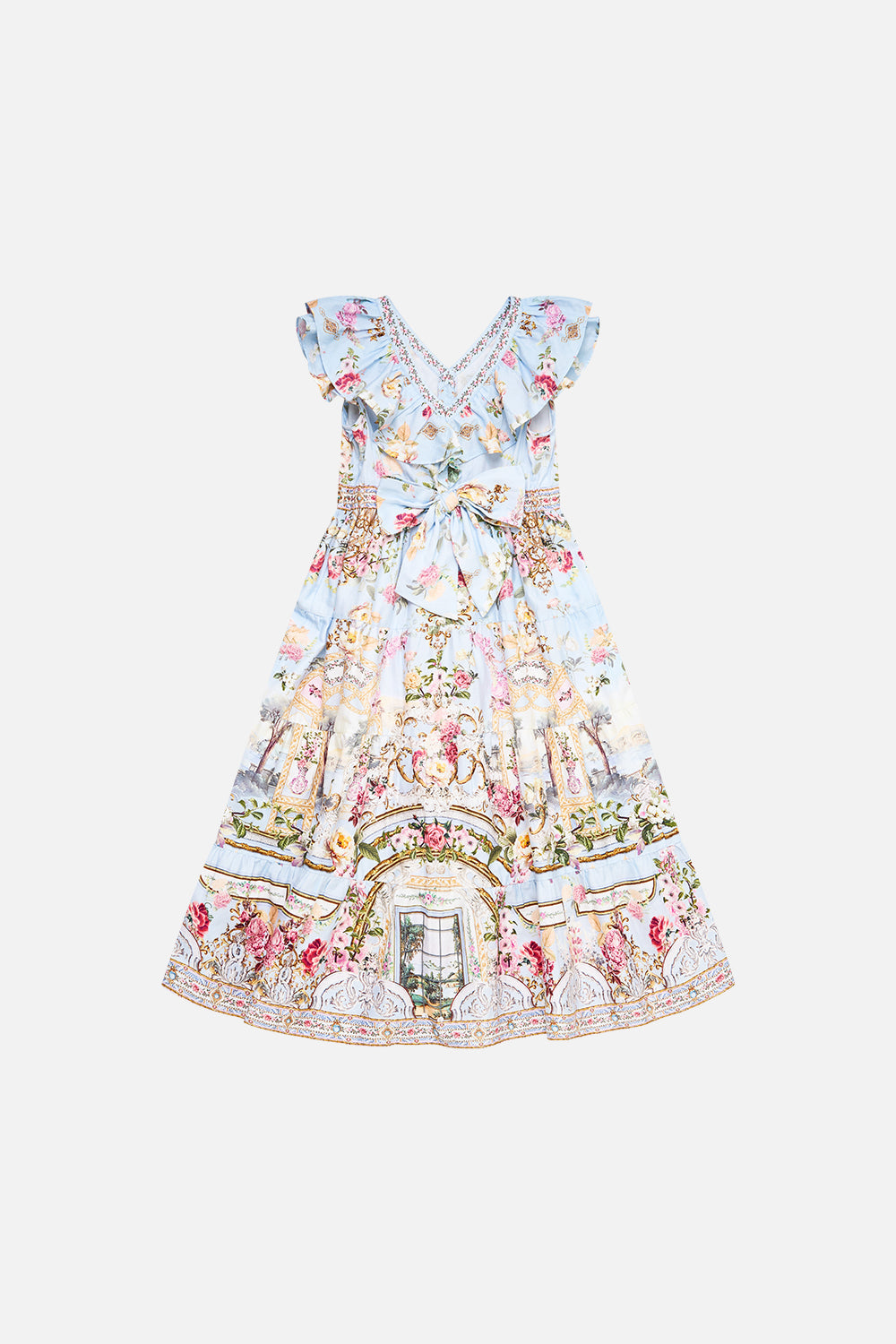 The CAMILLA KIDS TIERED MAXI DRESS WITH FRILL NECK TILED IN TIME in our  print.